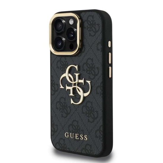 Husa Guess PU 4G Metal Logo Stand Camera Frame pentru iPhone 15 Pro Max, Neagra (Bakr, GUHCP15XPCS4GP4K) by www.silkase.ro