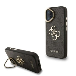 Husa Guess PU 4G Metal Logo Stand Camera Frame pentru iPhone 16, Neagra