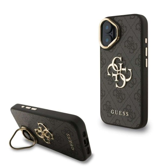 Husa Guess PU 4G Metal Logo Stand Camera Frame pentru iPhone 16, Neagra (Bakr, GUHCP16SPCS4GP4K) by www.silkase.ro