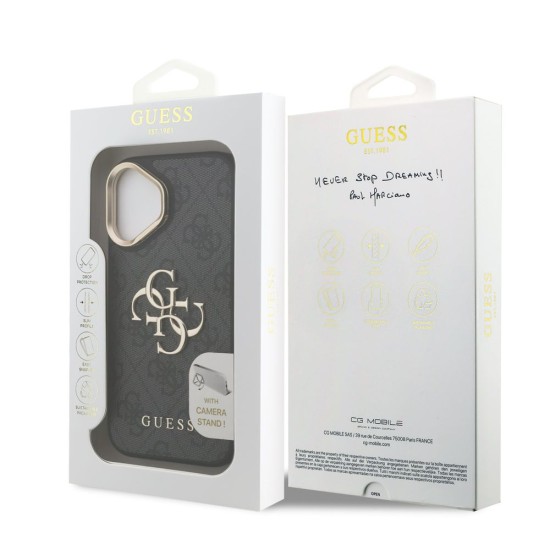 Husa Guess PU 4G Metal Logo Stand Camera Frame pentru iPhone 16, Neagra (Bakr, GUHCP16SPCS4GP4K) by www.silkase.ro