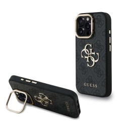 Husa Guess PU 4G Metal Logo Stand Camera Frame pentru iPhone 16 Pro, Neagra