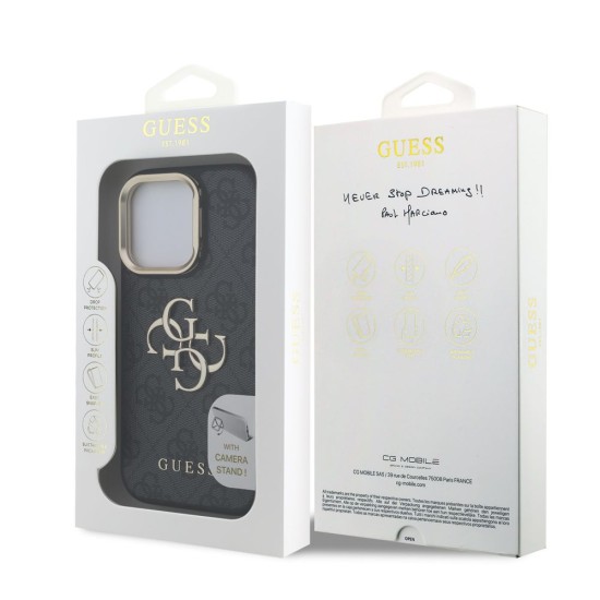 Husa Guess PU 4G Metal Logo Stand Camera Frame pentru iPhone 16 Pro, Neagra (Bakr, GUHCP16LPCS4GP4K) by www.silkase.ro