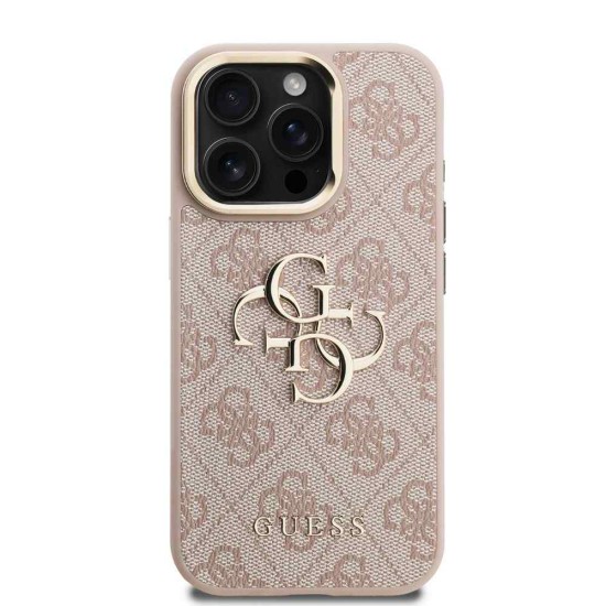 Husa Guess PU 4G Metal Logo Stand Camera Frame pentru iPhone 15 Pro, Roz (Bakr, GUHCP15LPCS4GP4P) by www.silkase.ro
