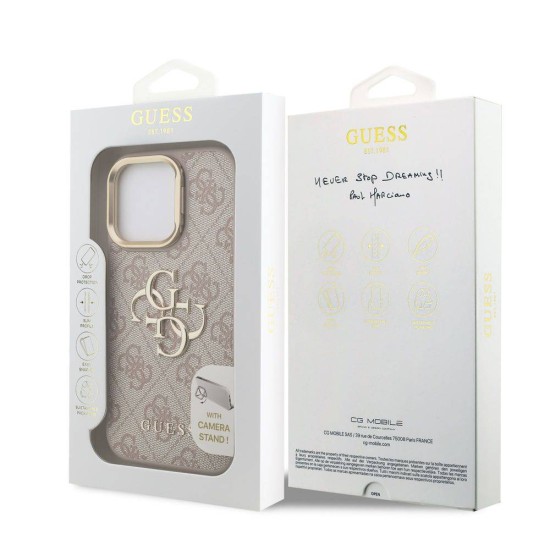 Husa Guess PU 4G Metal Logo Stand Camera Frame pentru iPhone 15 Pro Max, Roz (Bakr, GUHCP15XPCS4GP4P) by www.silkase.ro