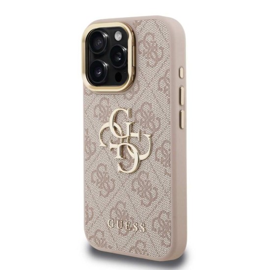 Husa Guess PU 4G Metal Logo Stand Camera Frame pentru iPhone 16 Pro, Roz (Bakr, GUHCP16LPCS4GP4P) by www.silkase.ro