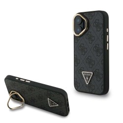 Husa Guess PU 4G Strass Triangle Logo Stand MagSafe pentru iPhone 16, Neagra