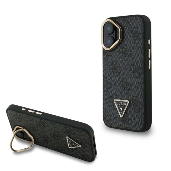 Husa Guess PU 4G Strass Triangle Logo Stand MagSafe pentru iPhone 16, Neagra (Bakr, GUHMP16SPCS4GPTK) by www.silkase.ro