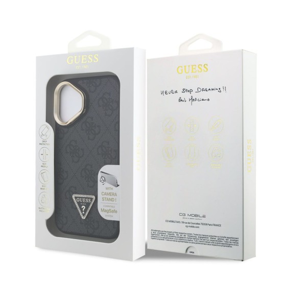 Husa Guess PU 4G Strass Triangle Logo Stand MagSafe pentru iPhone 16, Neagra (Bakr, GUHMP16SPCS4GPTK) by www.silkase.ro