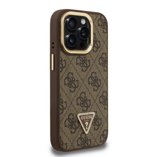 Husa Guess PU 4G Strass Triangle Logo Stand MagSafe pentru iPhone 15 Pro Max, Maro (Bakr, GUHMP15XPCS4GPTW) by www.silkase.ro