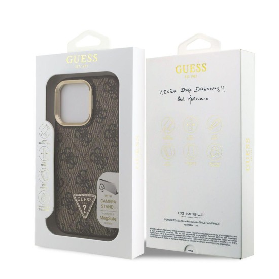 Husa Guess PU 4G Strass Triangle Logo Stand MagSafe pentru iPhone 15 Pro Max, Maro (Bakr, GUHMP15XPCS4GPTW) by www.silkase.ro