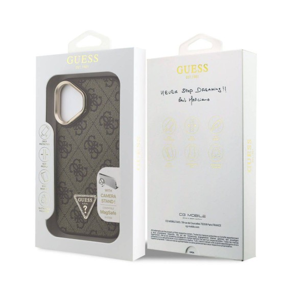 Husa Guess PU 4G Strass Triangle Logo Stand MagSafe pentru iPhone 16, Maro (Bakr, GUHMP16SPCS4GPTW) by www.silkase.ro
