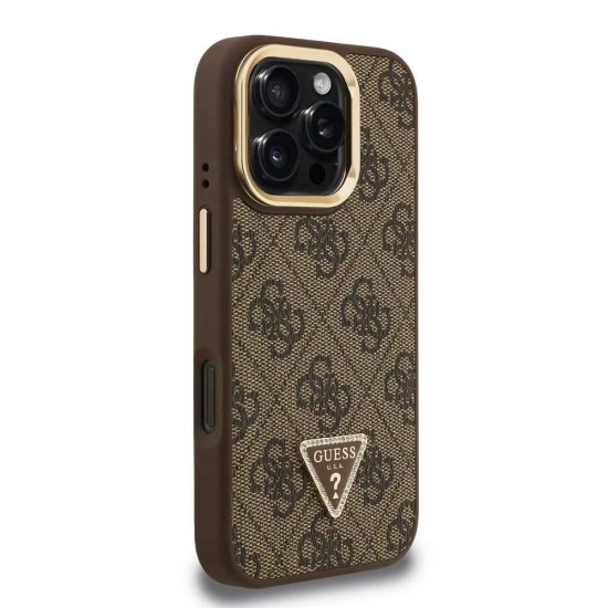 Husa Guess PU 4G Strass Triangle Logo Stand MagSafe pentru iPhone 16 Pro, Maro (Bakr, GUHMP16LPCS4GPTW) by www.silkase.ro