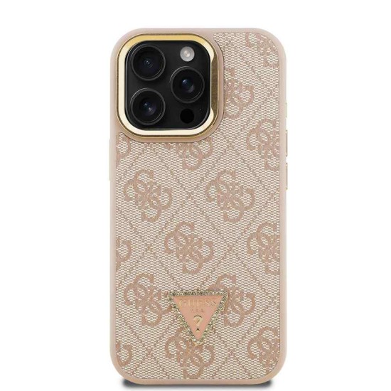 Husa Guess PU 4G Strass Triangle Logo Stand MagSafe pentru iPhone 15 Pro, Roz (Bakr, GUHMP15LPCS4GPTP) by www.silkase.ro