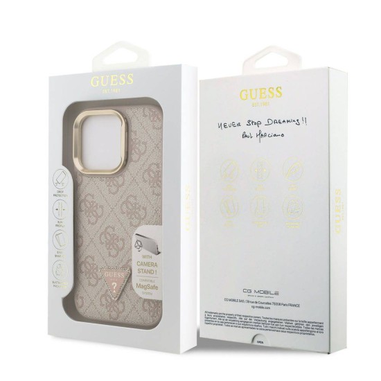Husa Guess PU 4G Strass Triangle Logo Stand MagSafe pentru iPhone 15 Pro, Roz (Bakr, GUHMP15LPCS4GPTP) by www.silkase.ro