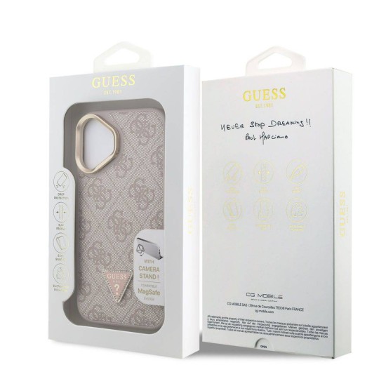 Husa Guess PU 4G Strass Triangle Logo Stand MagSafe pentru iPhone 16, Roz (Bakr, GUHMP16SPCS4GPTP) by www.silkase.ro