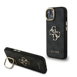 Husa Guess PU 4G Metal Logo Stand Camera Frame pentru iPhone 13, Neagra