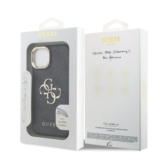 Husa Guess PU 4G Metal Logo Stand Camera Frame pentru iPhone 13, Neagra (Bakr, GUHCP13MPCS4GP4K) by www.silkase.ro