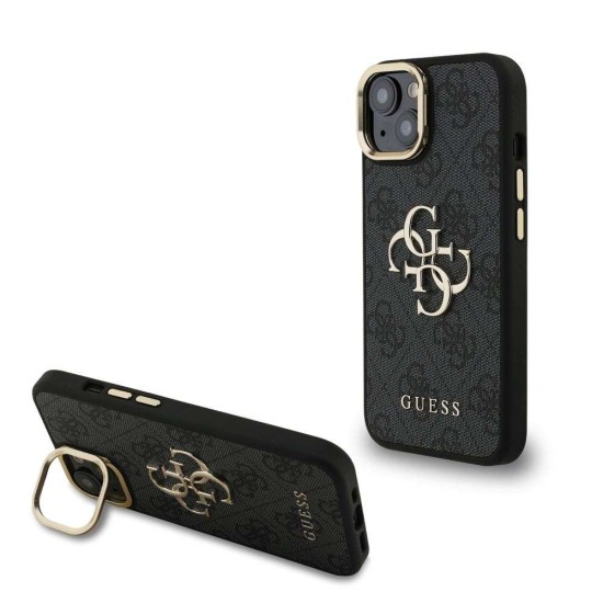Husa Guess PU 4G Metal Logo Stand Camera Frame pentru iPhone 15, Neagra (Bakr, GUHCP15SPCS4GP4K) by www.silkase.ro