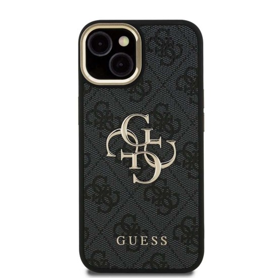 Husa Guess PU 4G Metal Logo Stand Camera Frame pentru iPhone 15, Neagra (Bakr, GUHCP15SPCS4GP4K) by www.silkase.ro