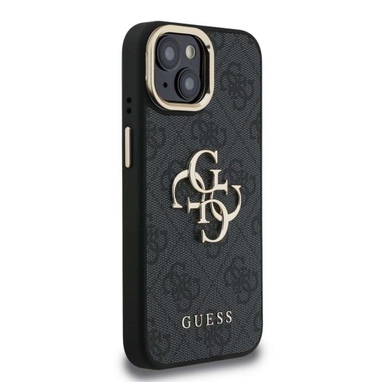Husa Guess PU 4G Metal Logo Stand Camera Frame pentru iPhone 15, Neagra (Bakr, GUHCP15SPCS4GP4K) by www.silkase.ro