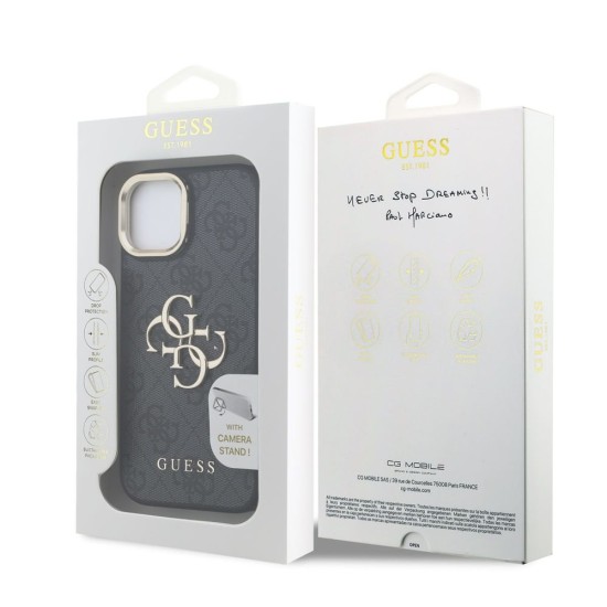 Husa Guess PU 4G Metal Logo Stand Camera Frame pentru iPhone 15, Neagra (Bakr, GUHCP15SPCS4GP4K) by www.silkase.ro