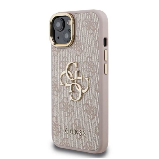 Husa Guess PU 4G Metal Logo Stand Camera Frame pentru iPhone 15, Roz (Bakr, GUHCP15SPCS4GP4P) by www.silkase.ro