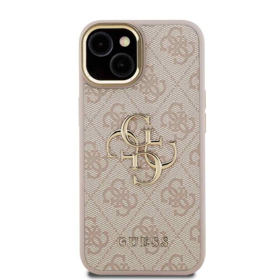 Husa Guess PU 4G Metal Logo Stand Camera Frame pentru iPhone 15, Roz (Bakr, GUHCP15SPCS4GP4P) by www.silkase.ro