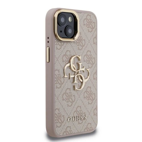 Husa Guess PU 4G Metal Logo Stand Camera Frame pentru iPhone 15, Roz (Bakr, GUHCP15SPCS4GP4P) by www.silkase.ro