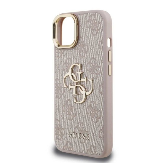 Husa Guess PU 4G Metal Logo Stand Camera Frame pentru iPhone 15, Roz (Bakr, GUHCP15SPCS4GP4P) by www.silkase.ro