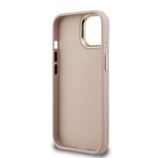 Husa Guess PU 4G Metal Logo Stand Camera Frame pentru iPhone 15, Roz (Bakr, GUHCP15SPCS4GP4P) by www.silkase.ro