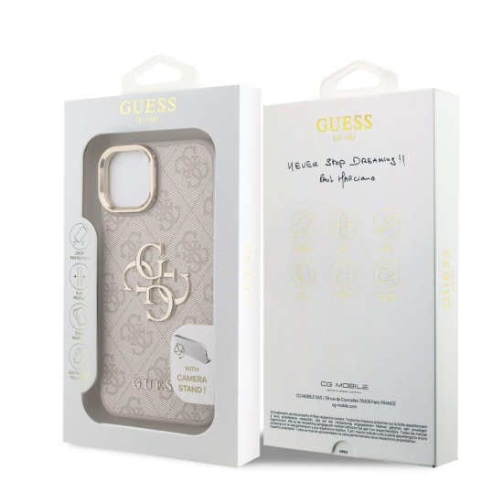 Husa Guess PU 4G Metal Logo Stand Camera Frame pentru iPhone 15, Roz (Bakr, GUHCP15SPCS4GP4P) by www.silkase.ro