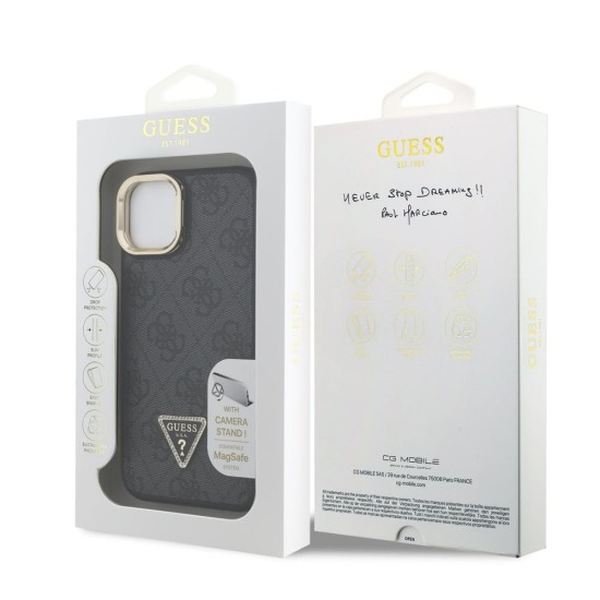 Husa Guess PU 4G Strass Triangle Logo Stand MagSafe pentru iPhone 14, Neagra (Bakr, GUHMP14SPCS4GPTK) by www.silkase.ro