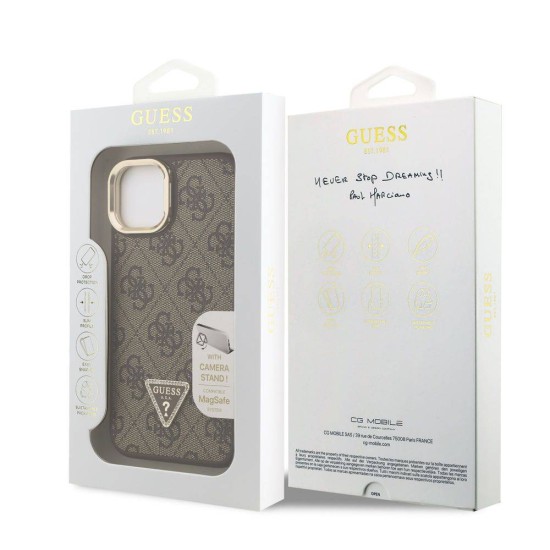Husa Guess PU 4G Strass Triangle Logo Stand MagSafe pentru iPhone 13, Maro (Bakr, GUHMP13MPCS4GPTW) by www.silkase.ro