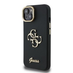 Husa Guess PU Grained 4G Logo Stand Camera Frame pentru iPhone 15, Neagra