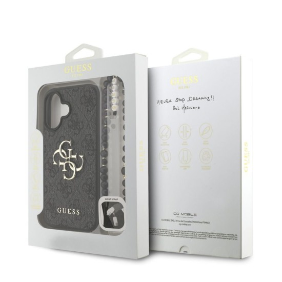 Husa Guess PU 4G Metal Logo Strap pentru iPhone 16, Neagra (Bakr, GUHCP16SP4GMGSK) by www.silkase.ro