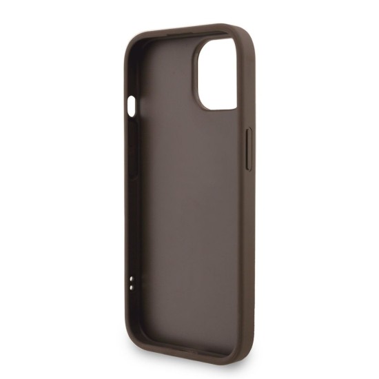 Husa Guess PU 4G Metal Logo Strap pentru iPhone 15, Maro (Bakr, GUHCP15SP4GMGSW) by www.silkase.ro
