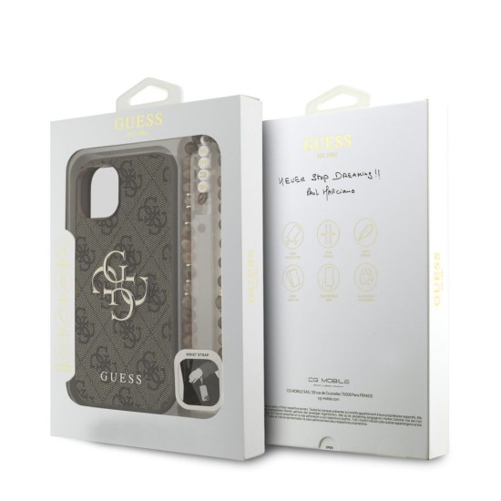 Husa Guess PU 4G Metal Logo Strap pentru iPhone 15, Maro (Bakr, GUHCP15SP4GMGSW) by www.silkase.ro