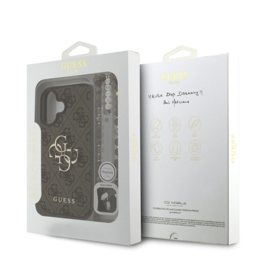 Husa Guess PU 4G Metal Logo Strap pentru iPhone 16, Maro (Bakr, GUHCP16SP4GMGSW) by www.silkase.ro
