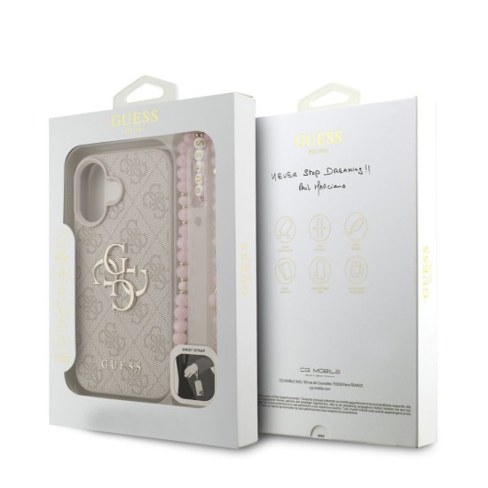 Husa Guess PU 4G Metal Logo Strap pentru iPhone 16, Roz (Bakr, GUHCP16SP4GMGSP) by www.silkase.ro