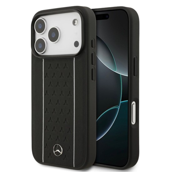 Husa Mercedes Leather Star Pattern and Stripes MagSafe pentru iPhone 17 Pro, Negru/Alb (Bakr, MEHMP17L25RPSLKH) by www.silkase.ro