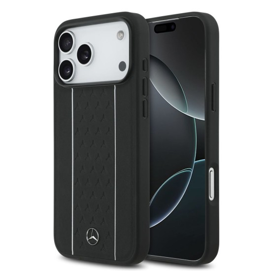 Husa Mercedes Leather Star Pattern and Stripes MagSafe pentru iPhone 17 Pro Max, Negru/Alb (Bakr, MEHMP17X25RPSLKH) by www.silkase.ro