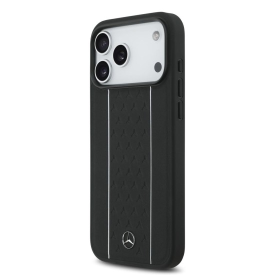 Husa Mercedes Leather Star Pattern and Stripes MagSafe pentru iPhone 17 Pro Max, Negru/Alb (Bakr, MEHMP17X25RPSLKH) by www.silkase.ro