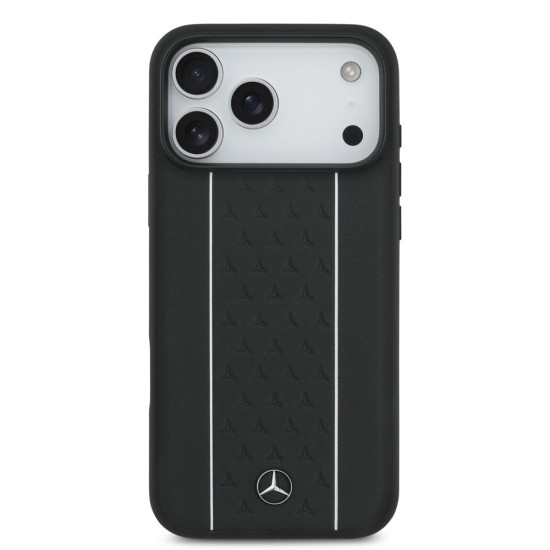 Husa Mercedes Leather Star Pattern and Stripes MagSafe pentru iPhone 17 Pro Max, Negru/Alb (Bakr, MEHMP17X25RPSLKH) by www.silkase.ro