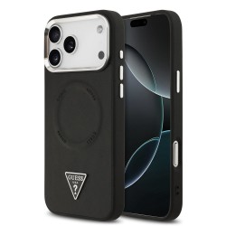 Husa Guess PU Leather Triangle Logo MagSafe pentru iPhone 17 Pro, Neagra