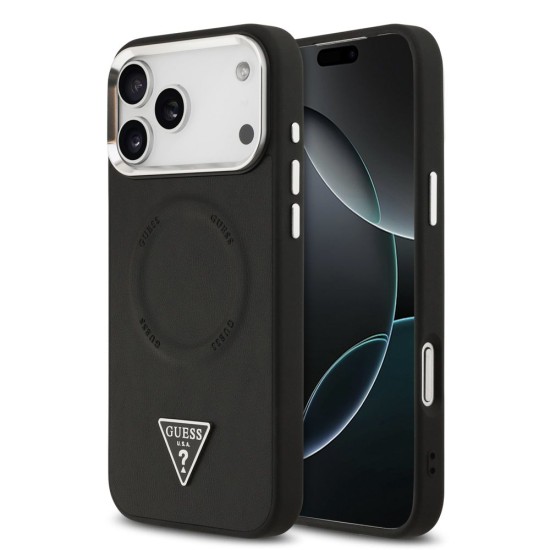 Husa Guess PU Leather Triangle Logo MagSafe pentru iPhone 17 Pro, Neagra (Bakr, GUHMP17LPSDTSCMK) by www.silkase.ro