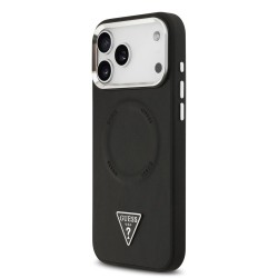 Husa Guess PU Leather Triangle Logo MagSafe pentru iPhone 17 Pro, Neagra