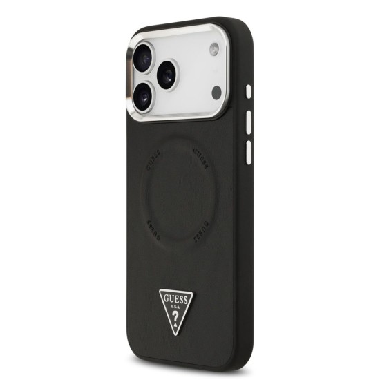 Husa Guess PU Leather Triangle Logo MagSafe pentru iPhone 17 Pro, Neagra (Bakr, GUHMP17LPSDTSCMK) by www.silkase.ro