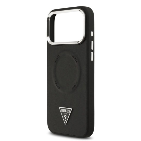 Husa Guess PU Leather Triangle Logo MagSafe pentru iPhone 17 Pro, Neagra (Bakr, GUHMP17LPSDTSCMK) by www.silkase.ro