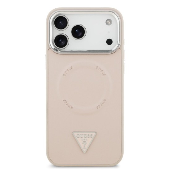 Husa Guess PU Leather Triangle Logo MagSafe pentru iPhone 17 Pro, Roz (Bakr, GUHMP17LPSDTSCMP) by www.silkase.ro