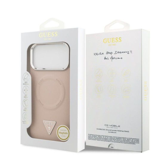 Husa Guess PU Leather Triangle Logo MagSafe pentru iPhone 17 Pro, Roz (Bakr, GUHMP17LPSDTSCMP) by www.silkase.ro